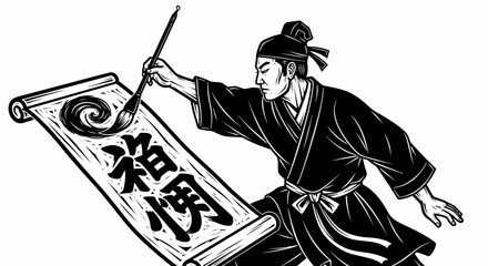 Ancient Calligrapher Writing on Scroll with Brush.