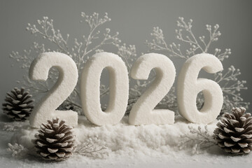 2026 frosty pine winter scene with snowy decorations and pinecones