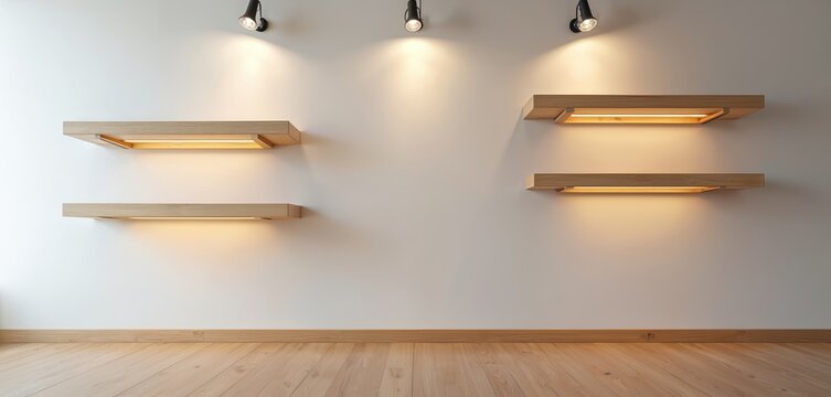 Clean minimalist interior features four light wood floating shelves mounted on white wall. Recessed warm lighting illuminates shelf surface. Wooden floor, baseboard complement shelves creating