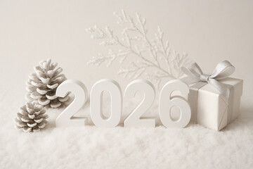 Elegant 2026 winter theme with pinecones, snow, and gift box in minimalist style