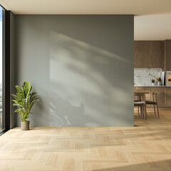 Modern interior design of apartment, kitchen, dining room with table and chairs, empty living room with blue tones wall, panorama. 3d Rendering