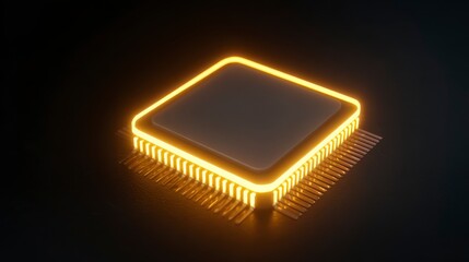 Glowing electronic component. A CPU sits atop a grid of pins. The square is illuminated with a yellow border. Background is dark