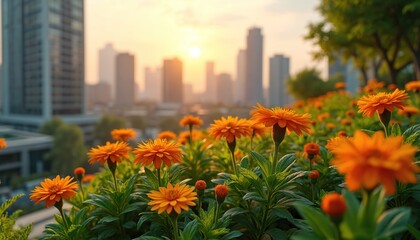 Orange flowers bloom in urban garden at sunrise with city skyscrapers in background. Lush greenery and vibrant blossoms create peaceful city oasis. Sunlight warms nature in this sustainable cityscape.