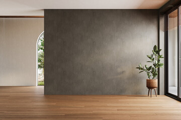 Modern interior design of apartment, empty living room with gray concrete walls, yard, panorama  3d Rendering