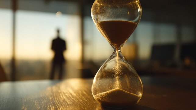 Time's Perspective: An hourglass sits on a table, its sand slowly trickling as a silhouette of a person stands thoughtfully, capturing the essence of time, patience, and contemplation.