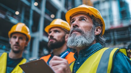 Group of construction workers wearing helmets and safety vests looking up at a building site