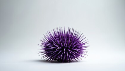 A single vivid purple sea urchin sits isolated on a plain white background. Its sharp spines radiate outwards creating a spiky spherical shape. This marine animal represents ocean life and nature.