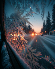 Fototapeta premium Glistening frost formations on a car window during Winter sunrise