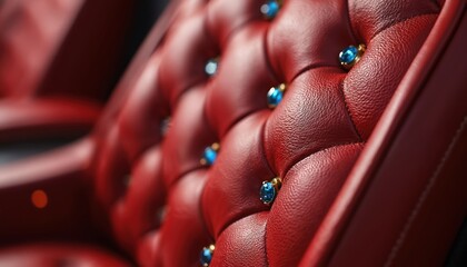Fototapeta premium Close up view of red quilted leather upholstery with tufted buttons. Each button is adorned with a blue gemstone and gold accent. The rich textured material evokes luxury and classic design.