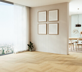 Modern interior design of apartment, kitchen, dining room with table and chairs, empty living room with four empty square frames, panorama. 3d Rendering