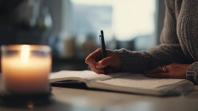 Warm candlelight illuminates a hand writing in a journal, evoking creativity and mindfulness. The scene suggests peaceful solitude and intentional self expression