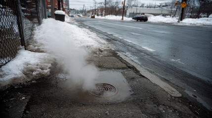 Snow melting into puddles around a city manhole with steam rising on a cold winter street creating a moody urban atmosphere