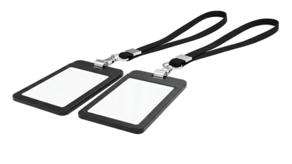 Two Black ID Badges with Lanyards on White Background