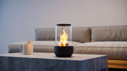 Tabletop bioethanol fire lantern, placed on modern living room table surface, showing compact portable flame device in home interior setting, creating steady flame motion cozy ambient heating display