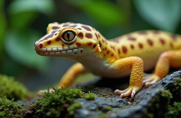 Obraz premium Leopard gecko with yellow skin and brown spots. Reptile has big orange eye, lies on mossy rock. Small lizard looks to side, showing detail scales.