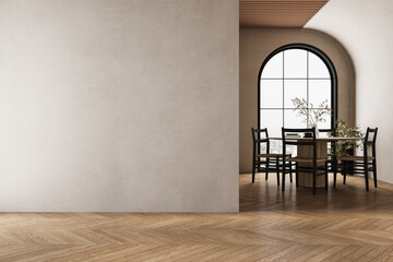 Modern interior design of apartment, dining room with table and chairs, empty living room with beige wall, panorama.  3d Rendering