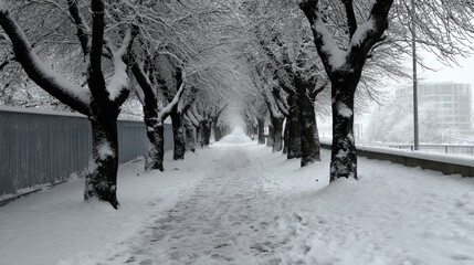 Snow-covered trees forming a white tunnel along a quiet city path in winter creating a calm and symmetrical urban landscape