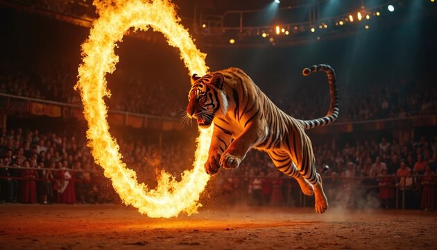 Tiger leaps through flaming hoop in indoor circus arena with audience watching. Intense fire spectacle showcases animal agility and performer skill.