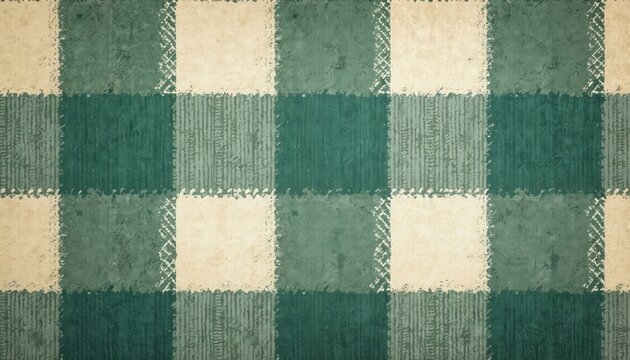 Green and cream plaid fabric texture. Close up of a checkered pattern with worn surface and repeating squares. Rustic textile design, background.