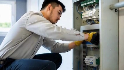 An electrician meticulously works on the electrical panel, demonstrating focused expertise. Showing the intricacy of electrical work and the importance of safety.