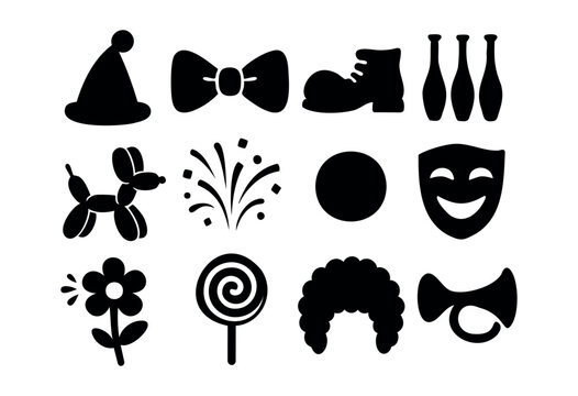A collection of black silhouette icons representing various clown and party elements such as a hat, bow tie, juggling pins, balloon animal, and more, isolated on a white background &mdash; stock vector.