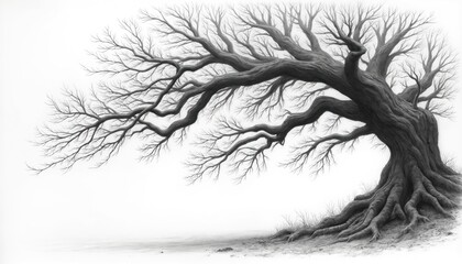 Obraz premium Detailed pencil sketch of old bare tree with exposed roots spreading across ground. Image shows tree trunk branching out into many delicate limbs against white background. Artwork emphasizes