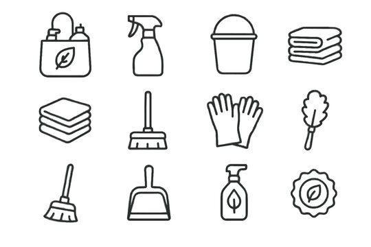 Bottle scrub duster cloth eco dustpan cleaning badge friendly stack icon outline