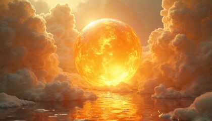 Bright fiery sun sphere floats above calm reflective water surface. Puffy white clouds surround, casting warm golden light. Abstract cosmic scene inspires wonder and peace.