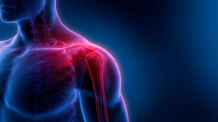 Fototapeta premium Shoulder Anatomy Highlight: An illuminating medical visualization of the shoulder anatomy, highlighting the complex network of bones, muscles, and tissues