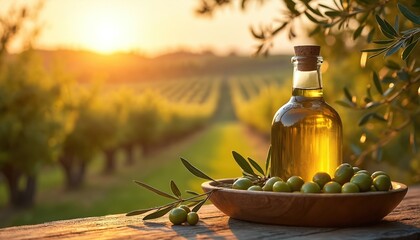 Obraz premium Golden olive oil bottle rests near fresh olives on wooden table. Tuscan vineyard rows stretch towards warm sunset. Olives and oil glow in soft light.