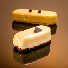 Two elegant glazed mini cakes with chocolate decorations on a reflective surface, showcasing their gourmet appeal.