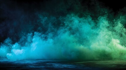 Fototapeta premium Moody atmospheric scene featuring ethereal swirls of vibrant blue, teal, and green smoke against a dark background, suggestive of mystery
