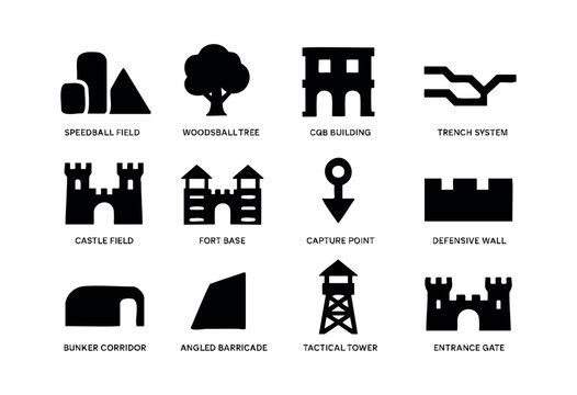 A collection of black silhouette icons representing various tactical battlefield elements and structures for military, gaming, or sports scenarios, isolated on a white background &mdash; stock vector.