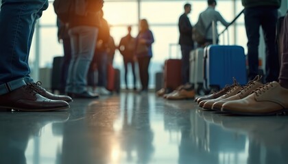 Travelers stand in line at airport security. People remove shoes before walking through scanner. Luggage waits nearby, sun shines through terminal window.