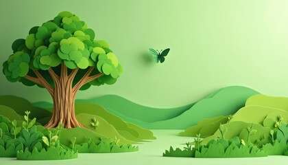 Paper craft scene of green tree on grassy hills with butterfly flying. Nature landscape artwork with layered paper cutouts creating depth. Soft light illuminates simple eco friendly environment with