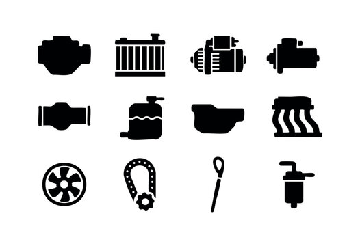 Collection of essential car engine and automotive components in a clean silhouette icon style &mdash; stock vector.