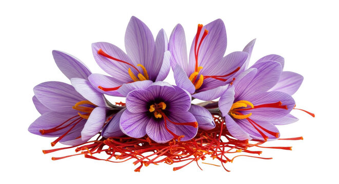 Close-up of vibrant saffron crocus flowers and prized red threads.
