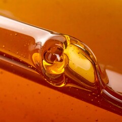 Close-up of golden viscous liquid, possibly honey or syrup, dripping and flowing with a glossy texture.