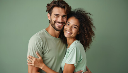 Fototapeta premium Young man and woman hug closely smiling. They wear matching light green shirts against a plain backdrop. Couple shows affection and happiness together in studio setting.