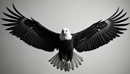 Obraz premium Majestic bald eagle, symbol of freedom, power, soars with wings spread wide against neutral backdrop. Intense gaze, sharp talons convey fierce predatory nature. Detailed feathers show intricate
