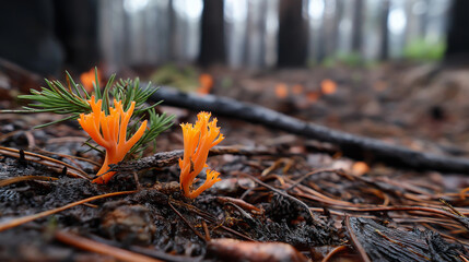 Bright orange coral fungi sprouting from burnt forest floor among pine needles, mushroom close-up, forest regrowth after fire, natural regeneration, woodland floor texture, with co