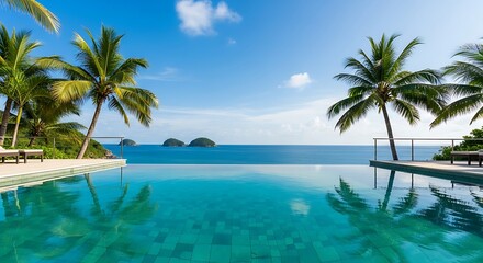 Fototapeta premium Luxury Infinity Pool Overlooking Tropical Ocean and Palm Trees.
