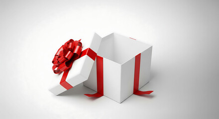 Elegantly open white gift box adorned with a vivid red ribbon and bow, set against a clean background, symbolizing anticipation, potential, and celebration