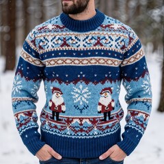 Man wearing festive Christmas sweater in snowy forest setting  