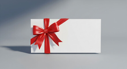 A plain white gift box with a prominent red satin ribbon bow, ready for personalization or branding