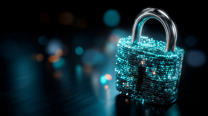 Glowing teal padlock covered in binary code symbolizing cybersecurity and encryption, data protection visualization, digital security concept, information technology safety, with c
