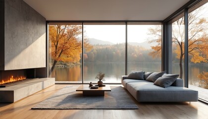 Modern living room with fireplace and sofa overlooks autumnal lake. Large windows show colorful trees and calm water. Warm cozy interior design.
