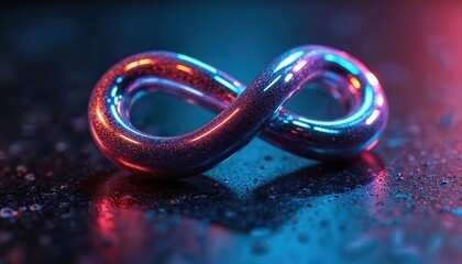 Metallic infinity loop with neon glow reflects on wet surface. Abstract symbol shows endless cycle, motion, continuation. Futuristic digital art for backgrounds.