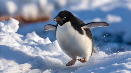 Fototapeta premium Penguin sliding across snow on belly with wings held back in windy Antarctic landscape, playful wildlife behavior, cold climate animal photography, dynamic motion capture, with cop