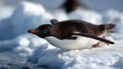 Fototapeta premium Penguin sliding across snow on belly with wings held back in windy Antarctic landscape, playful wildlife behavior, cold climate animal photography, dynamic motion capture, with cop